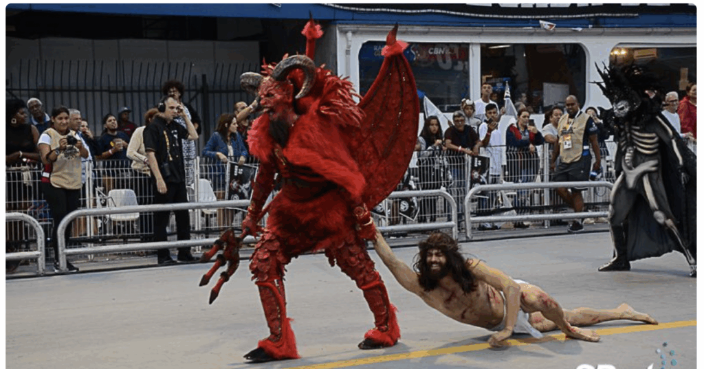 A street depiction of Christ being mocked at the 2023 carnival in Brazil